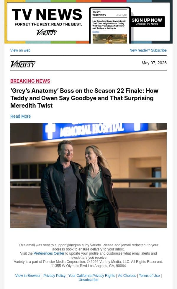 ‘Grey’s Anatomy’ Boss on the Season 22 Finale: How Teddy and Owen Say Goodbye and That Surprising Meredith Twist email from Variety screenshot