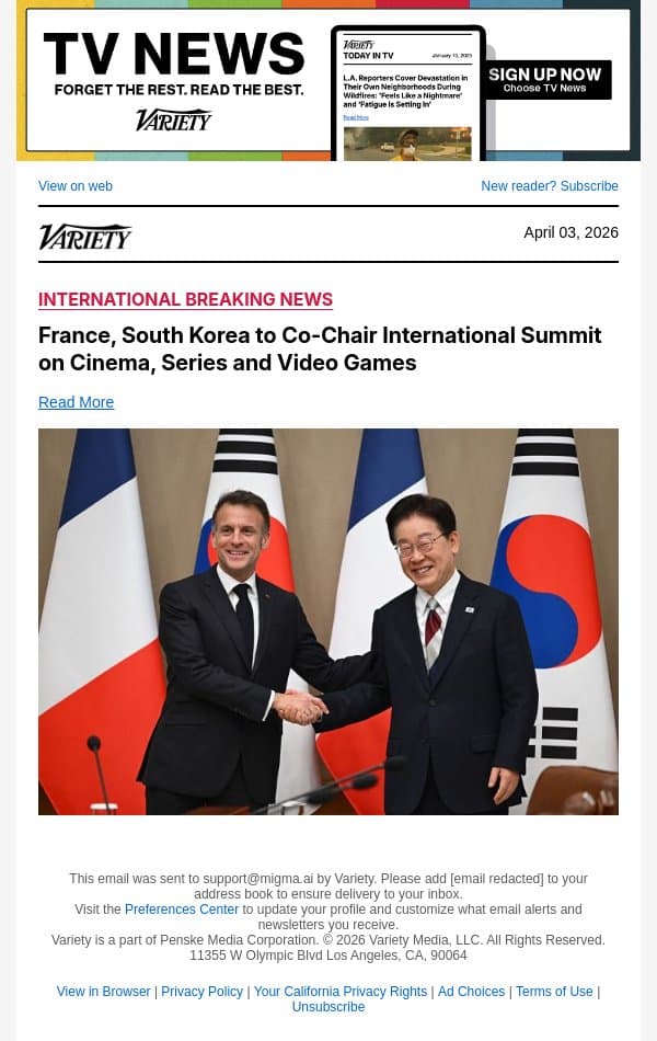 France, South Korea to Co-Chair International Summit on Cinema, Series and Video Games email from Variety screenshot