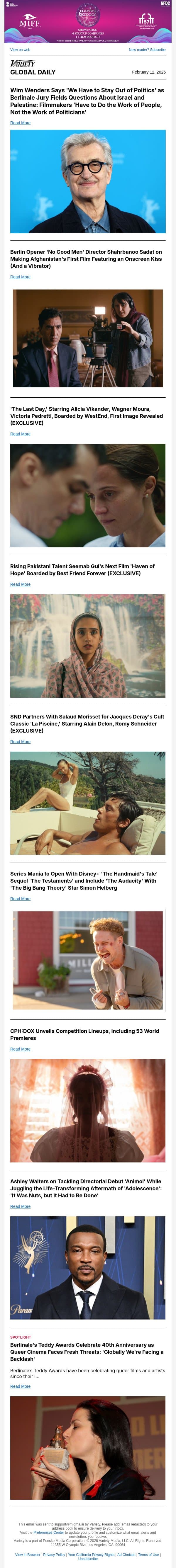 Wim Wenders in Berlin; Shahrbanoo Sadat on 'No Good Men'; Wagner Moura's 'The Last Day' email from Variety screenshot