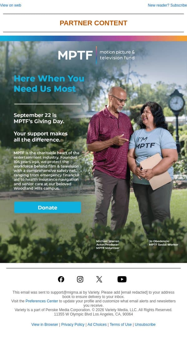 MPTF: Here When You Need Us Most email from Variety screenshot