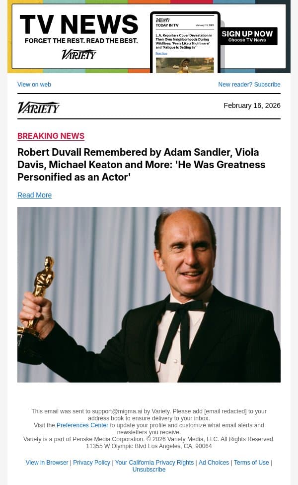 Robert Duvall Remembered by Adam Sandler, Viola Davis, Michael Keaton and More: 'He Was Greatness Personified as an Actor' email from Variety screenshot