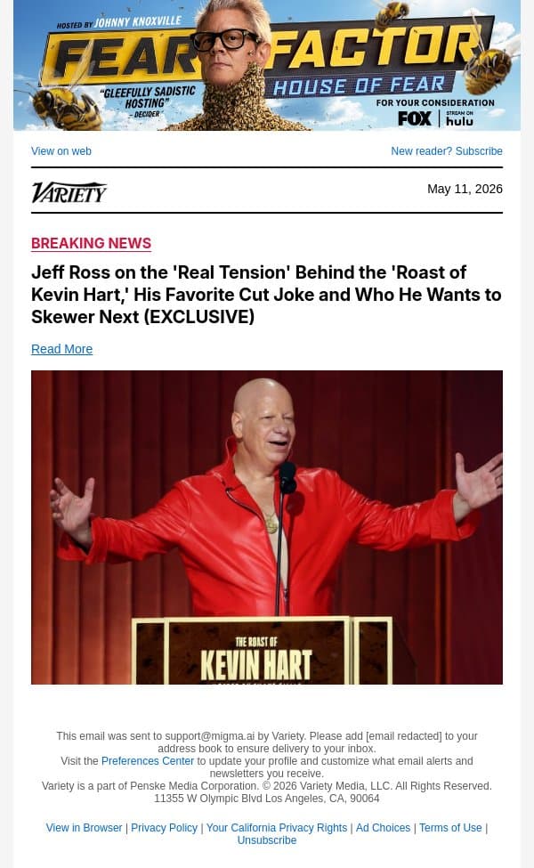 Jeff Ross on the 'Real Tension' Behind the 'Roast of Kevin Hart,' His Favorite Cut Joke and Who He Wants to Skewer Next (EXCLUSIVE) email from Variety screenshot