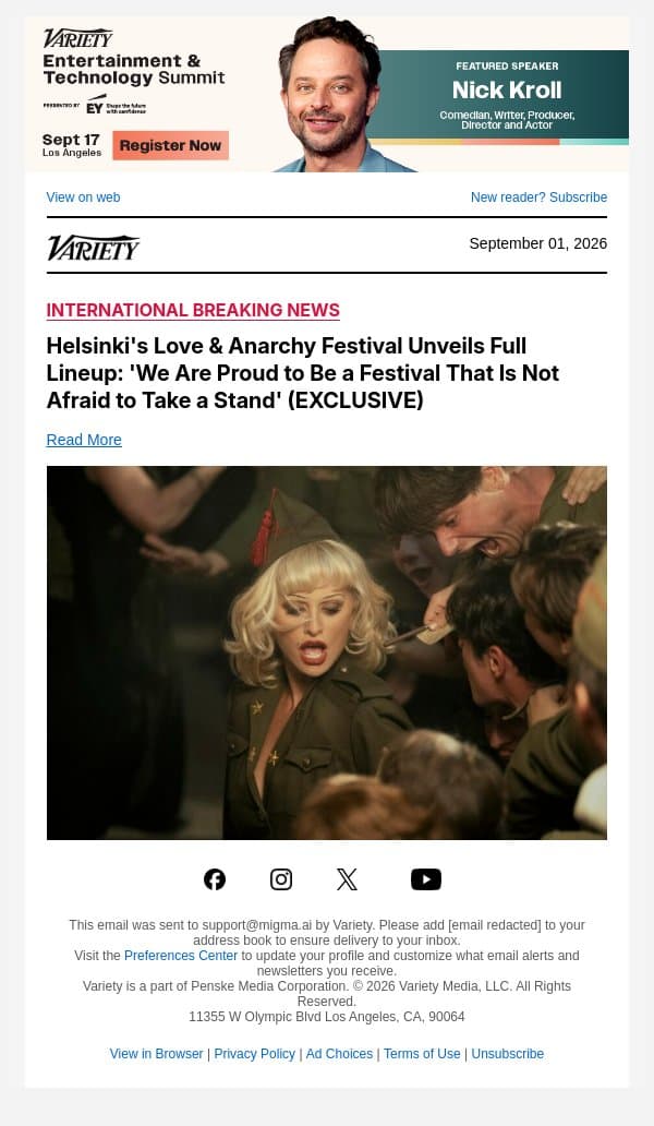 Helsinki's Love & Anarchy Festival Unveils Full Lineup: 'We Are Proud to Be a Festival That Is Not Afraid to Take a Stand' (EXCLUSIVE) email from Variety screenshot