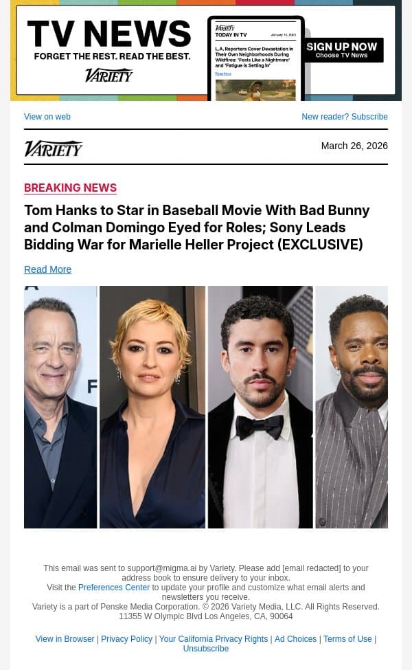Tom Hanks to Star in Baseball Movie With Bad Bunny and Colman Domingo Eyed for Roles; Sony Leads Bidding War for Marielle Heller Project (EXCLUSIVE) email from Variety screenshot