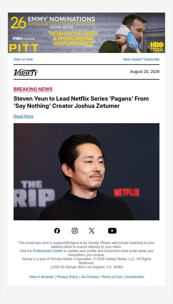Steven Yeun to Lead Netflix Series 'Pagans' From 'Say Nothing' Creator Joshua Zetumer email from Variety screenshot