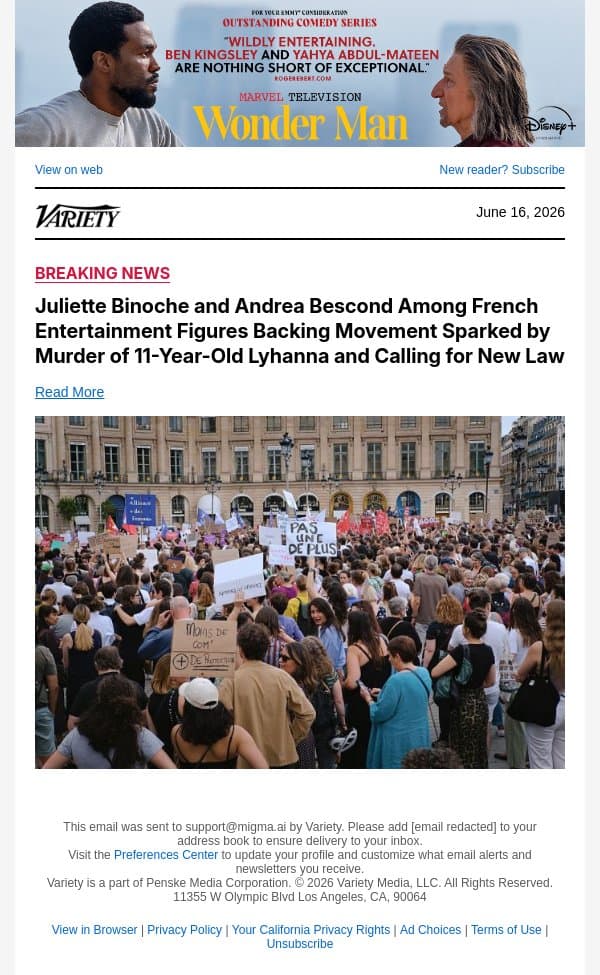 Juliette Binoche and Andrea Bescond Among French Entertainment Figures Backing Movement Sparked by Murder of 11-Year-Old Lyhanna and Calling for New Law email from Variety screenshot