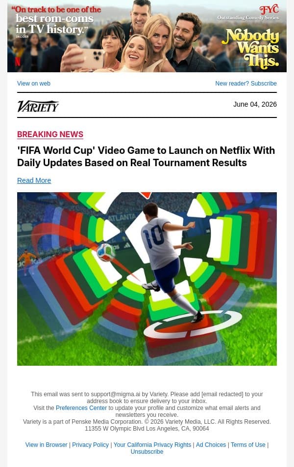'FIFA World Cup' Video Game to Launch on Netflix With Daily Updates Based on Real Tournament Results email from Variety screenshot