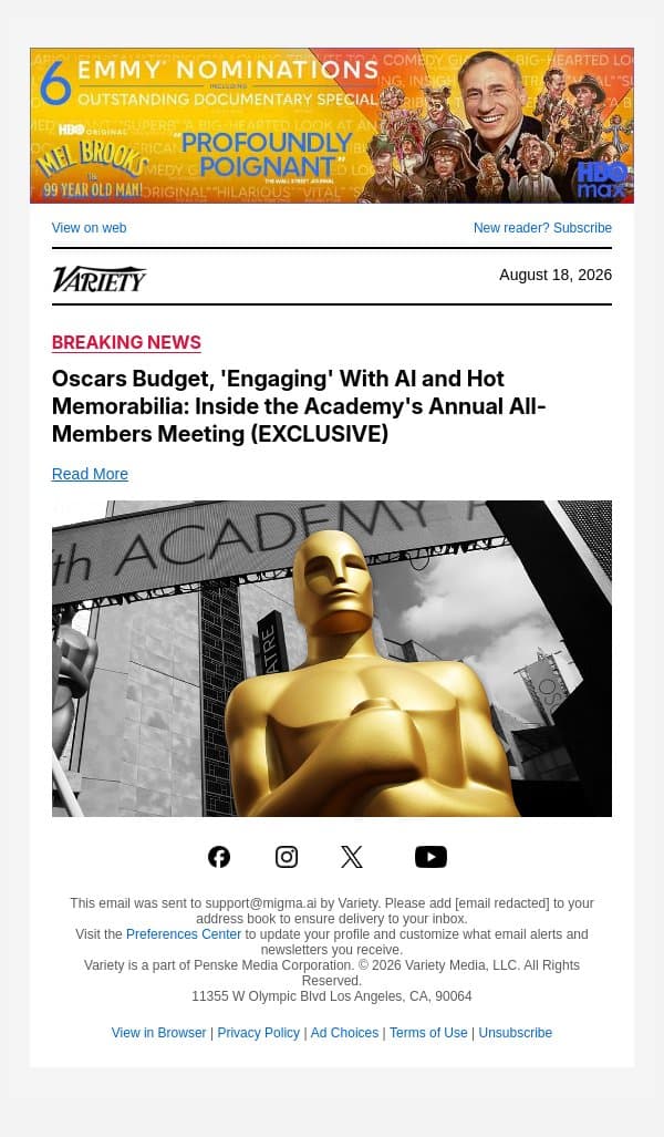 Oscars Budget, 'Engaging' With AI and Hot Memorabilia: Inside the Academy's Annual All-Members Meeting (EXCLUSIVE) email from Variety screenshot