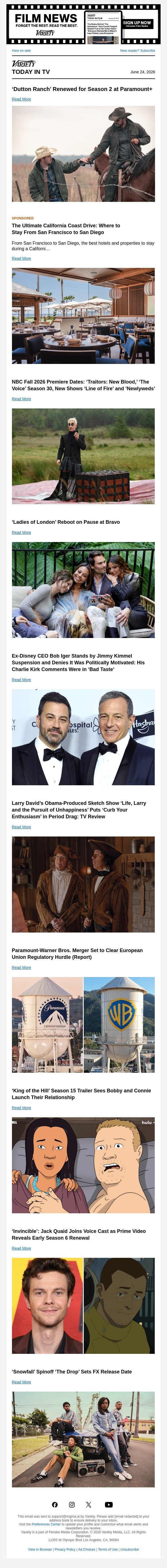 ‘Dutton Ranch’ Renewed; NBC Fall Premiere Dates; ‘Ladies of London’ Reboot on Pause email from Variety screenshot