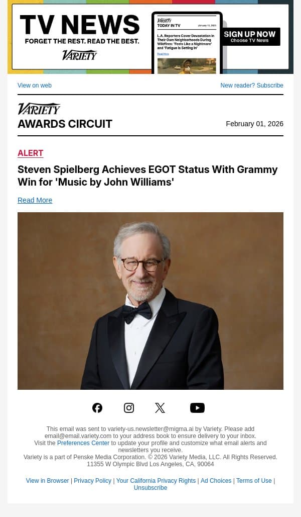 Steven Spielberg Achieves EGOT Status With Grammy Win for 'Music by John Williams' email from Variety screenshot