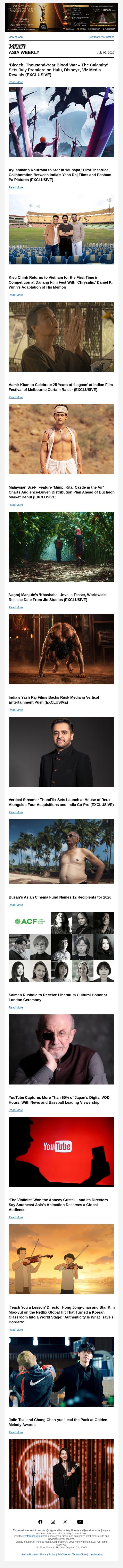 'Bleach' Sets Hulu, Disney+ Bow; Ayushmann Khurrana's New Film; Kieu Chinh Returns to Vietnam email from Variety screenshot
