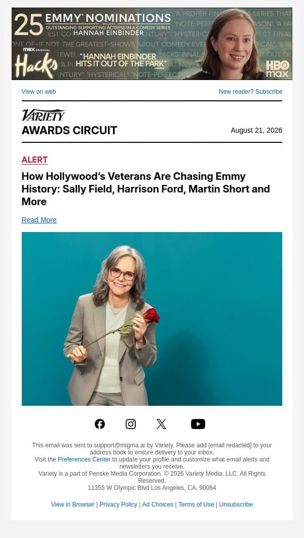 How Hollywood’s Veterans Are Chasing Emmy History: Sally Field, Harrison Ford, Martin Short and More email from Variety screenshot