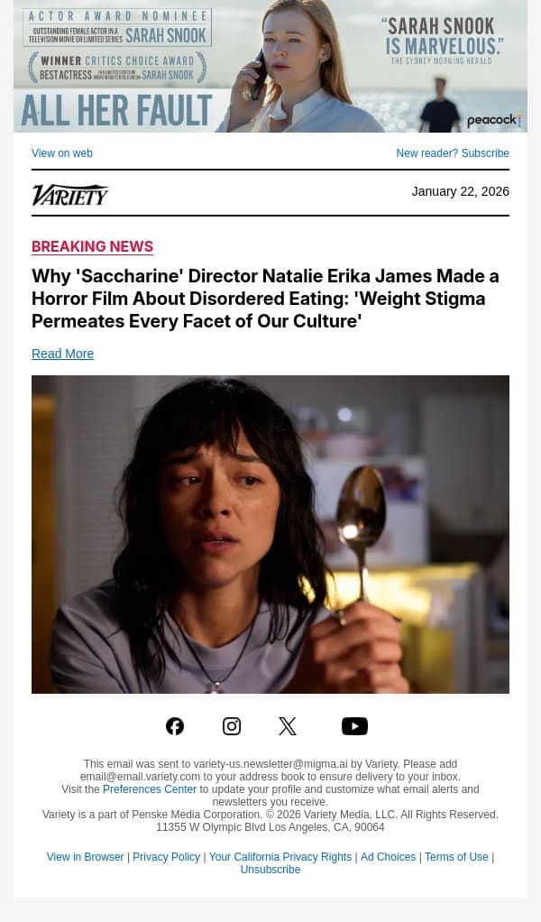 Why 'Saccharine' Director Natalie Erika James Made a Horror Film About Disordered Eating: 'Weight Stigma Permeates Every Facet of Our Culture' email from Variety screenshot