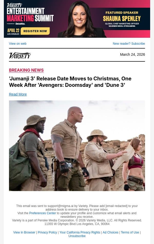 'Jumanji 3' Release Date Moves to Christmas, One Week After 'Avengers: Doomsday' and 'Dune 3' email from Variety screenshot