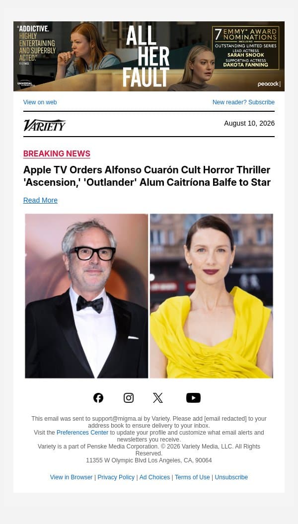 Apple TV Orders Alfonso Cuarón Cult Horror Thriller 'Ascension,' 'Outlander' Alum Caitríona Balfe to Star email from Variety screenshot