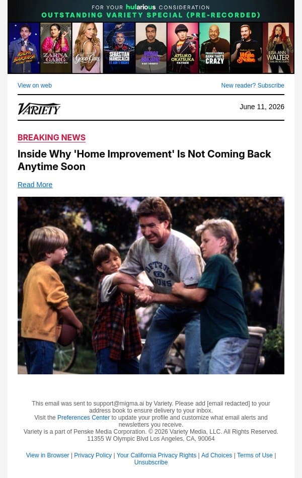 Inside Why 'Home Improvement' Is Not Coming Back Anytime Soon email from Variety screenshot