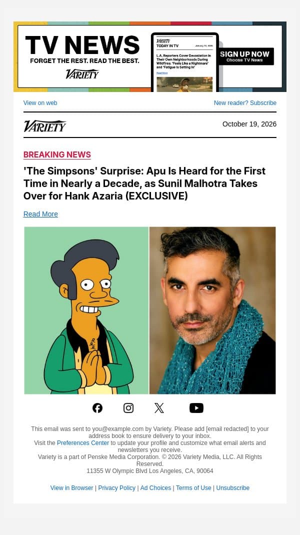 'The Simpsons' Surprise: Apu Is Heard for the First Time in Nearly a Decade, as Sunil Malhotra Takes Over for Hank Azaria (EXCLUSIVE) email from Variety screenshot