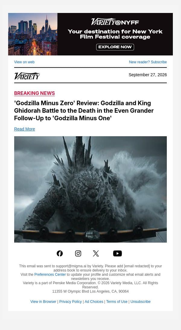 'Godzilla Minus Zero' Review: Godzilla and King Ghidorah Battle to the Death in the Even Grander Follow-Up to 'Godzilla Minus One' email from Variety screenshot