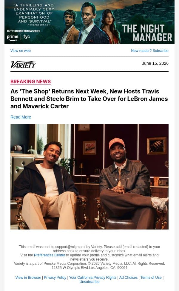 As 'The Shop' Returns Next Week, New Hosts Travis Bennett and Steelo Brim to Take Over for LeBron James and Maverick Carter email from Variety screenshot