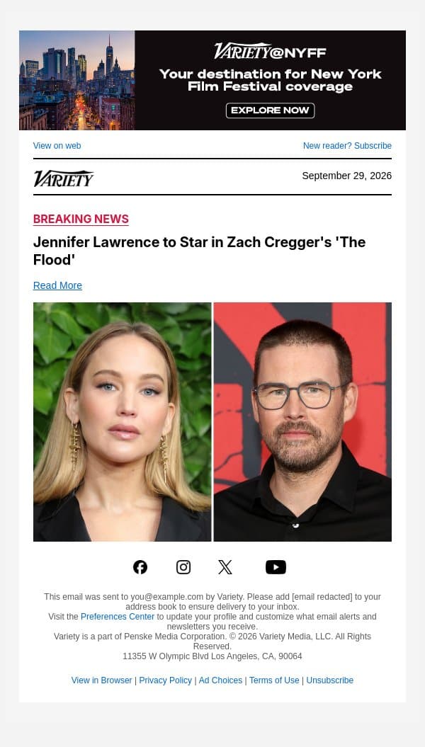 Jennifer Lawrence to Star in Zach Cregger's 'The Flood' email from Variety screenshot