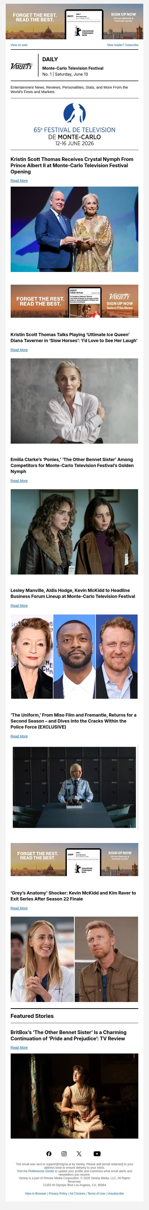 Prince Albert Opens Festival; Scott Thomas on ‘Slow Horses’: ‘Ponies’ Pursues Nymph email from Variety screenshot