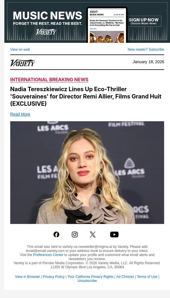 Nadia Tereszkiewicz Lines Up Eco-Thriller 'Souveraines' for Director Remi Allier, Films Grand Huit (EXCLUSIVE) email from Variety screenshot
