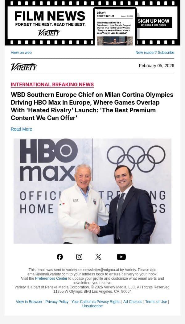 WBD Southern Europe Chief on Milan Cortina Olympics Driving HBO Max in Europe, Where Games Overlap With 'Heated Rivalry' Launch: 'The Best Premium Content We Can Offer' email from Variety screenshot