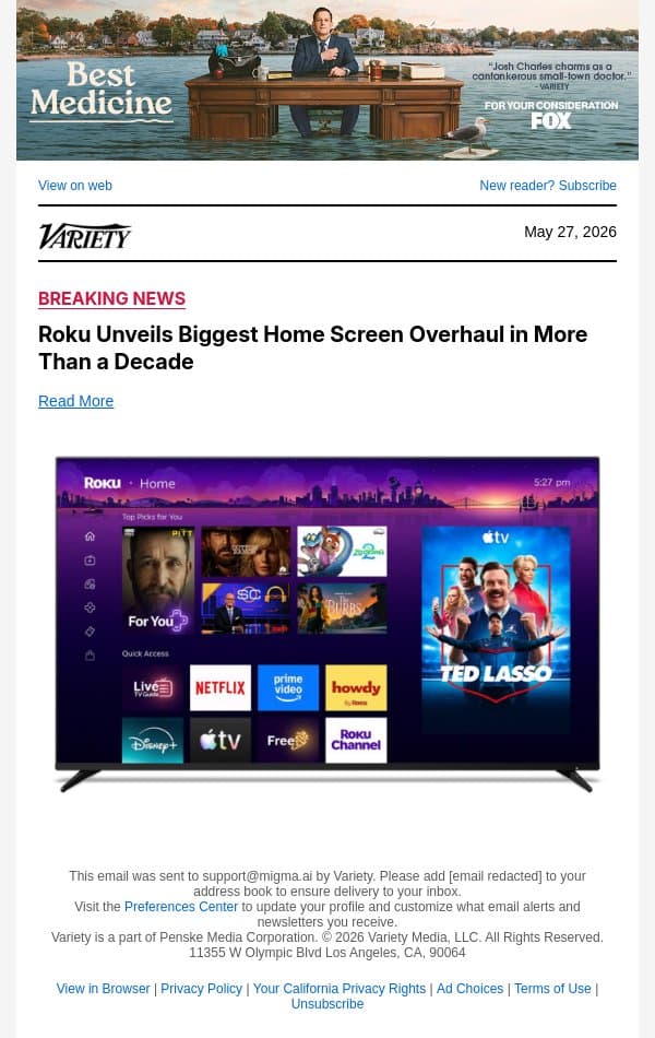 Roku Unveils Biggest Home Screen Overhaul in More Than a Decade email from Variety screenshot