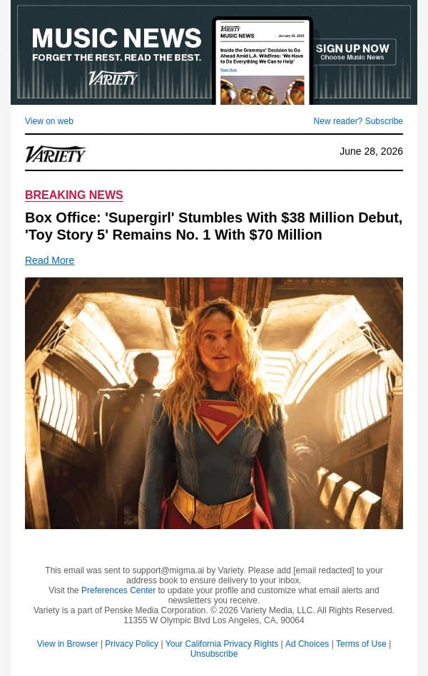 Box Office: 'Supergirl' Stumbles With $38 Million Debut, 'Toy Story 5' Remains No. 1 With $70 Million email from Variety screenshot