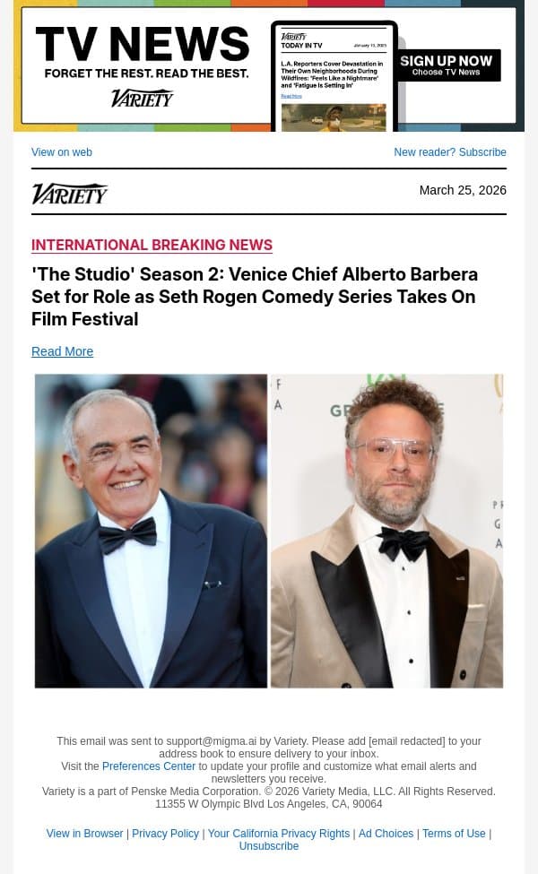 'The Studio' Season 2: Venice Chief Alberto Barbera Set for Role as Seth Rogen Comedy Series Takes On Film Festival email from Variety screenshot