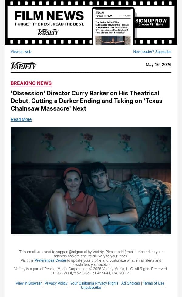 'Obsession' Director Curry Barker on His Theatrical Debut, Cutting a Darker Ending and Taking on 'Texas Chainsaw Massacre' Next email from Variety screenshot