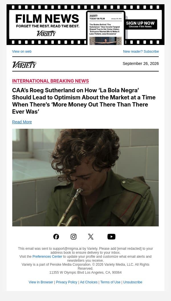 CAA’s Roeg Sutherland on How ‘La Bola Negra’ Should Lead to Optimism About the Market at a Time When There’s ‘More Money Out There Than There Ever Was’ email from Variety screenshot