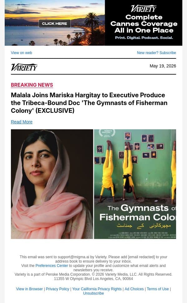 Malala Joins Mariska Hargitay to Executive Produce the Tribeca-Bound Doc 'The Gymnasts of Fisherman Colony' (EXCLUSIVE) email from Variety screenshot