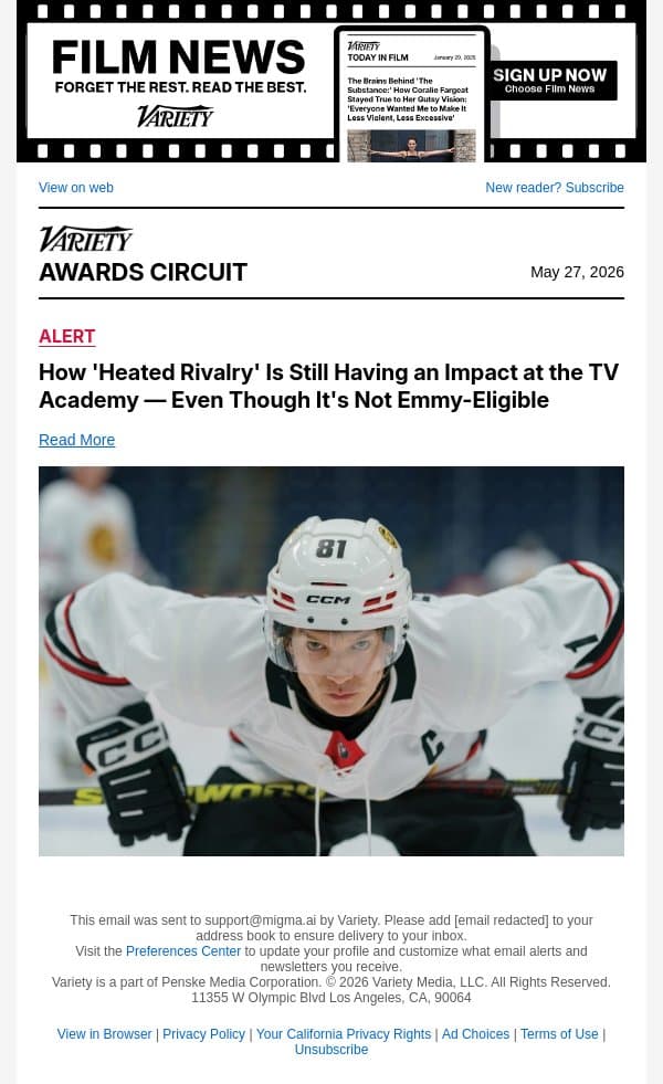 How 'Heated Rivalry' Is Still Having an Impact at the TV Academy — Even Though It's Not Emmy-Eligible email from Variety screenshot