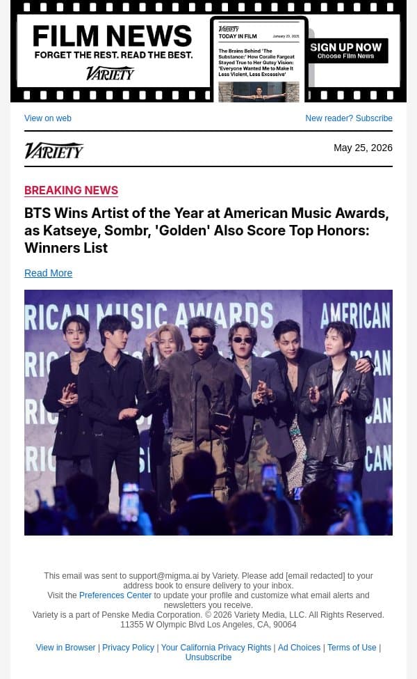 BTS Wins Artist of the Year at American Music Awards, as Katseye, Sombr, 'Golden' Also Score Top Honors: Winners List email from Variety screenshot