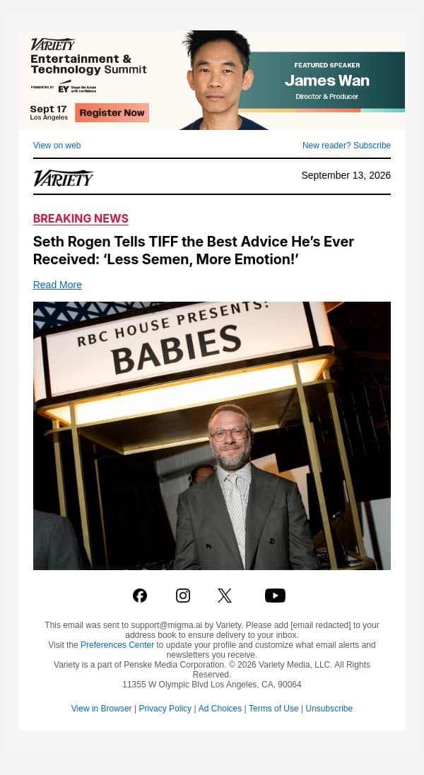 Seth Rogen Tells TIFF the Best Advice He’s Ever Received: ‘Less Semen, More Emotion!’ email from Variety screenshot