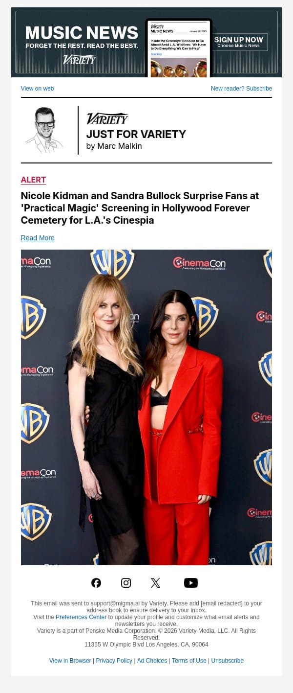 Nicole Kidman and Sandra Bullock Surprise Fans at 'Practical Magic' Screening in Hollywood Forever Cemetery for L.A.'s Cinespia email from Variety screenshot