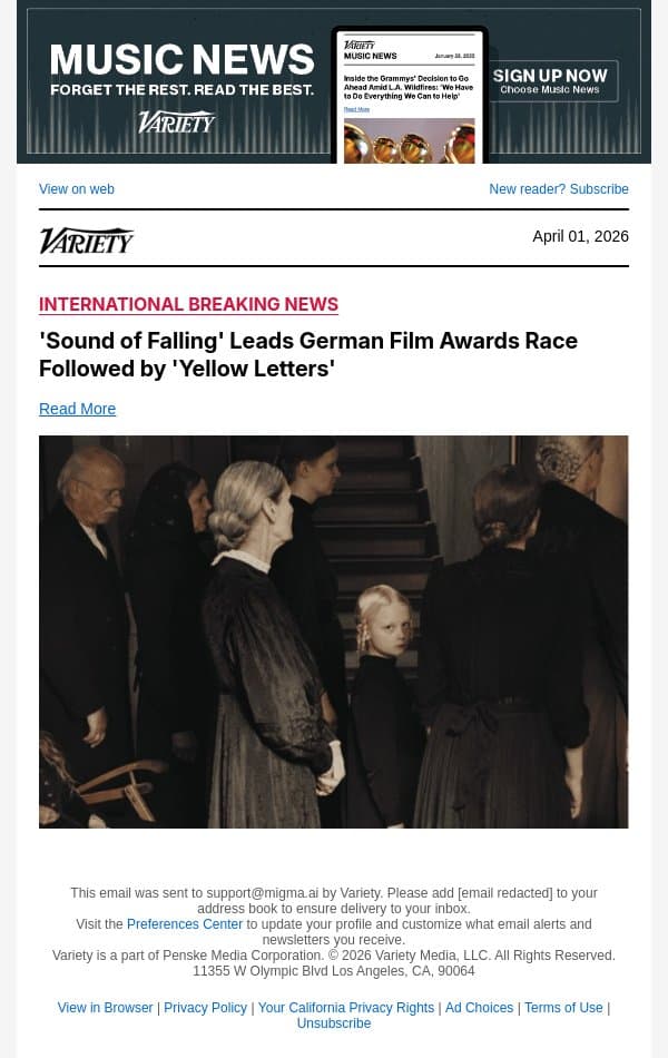 'Sound of Falling' Leads German Film Awards Race Followed by 'Yellow Letters' email from Variety screenshot