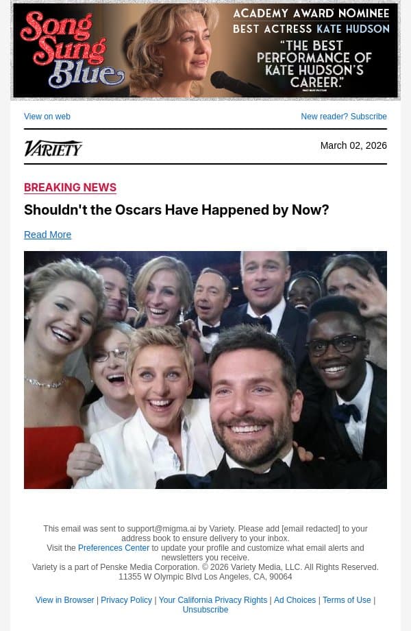 Shouldn't the Oscars Have Happened by Now? email from Variety screenshot