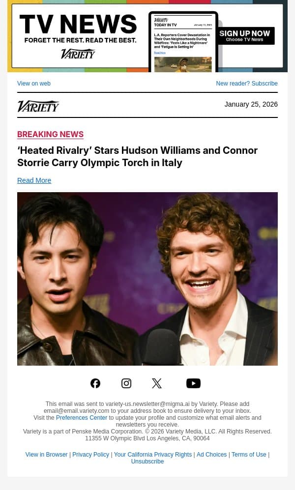 ‘Heated Rivalry’ Stars Hudson Williams and Connor Storrie Carry Olympic Torch in Italy email from Variety screenshot