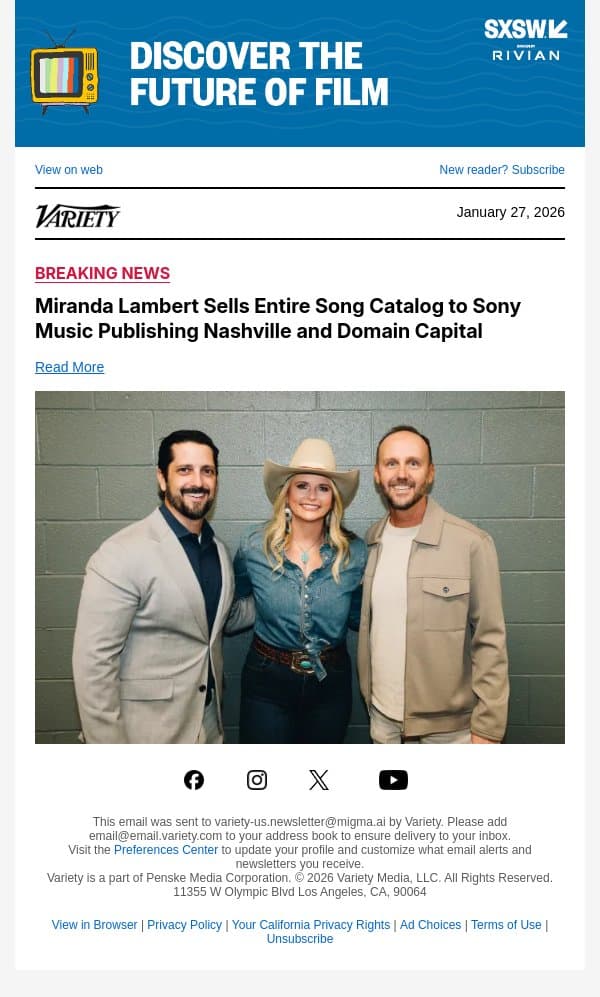 Miranda Lambert Sells Entire Song Catalog to Sony Music Publishing Nashville and Domain Capital email from Variety screenshot