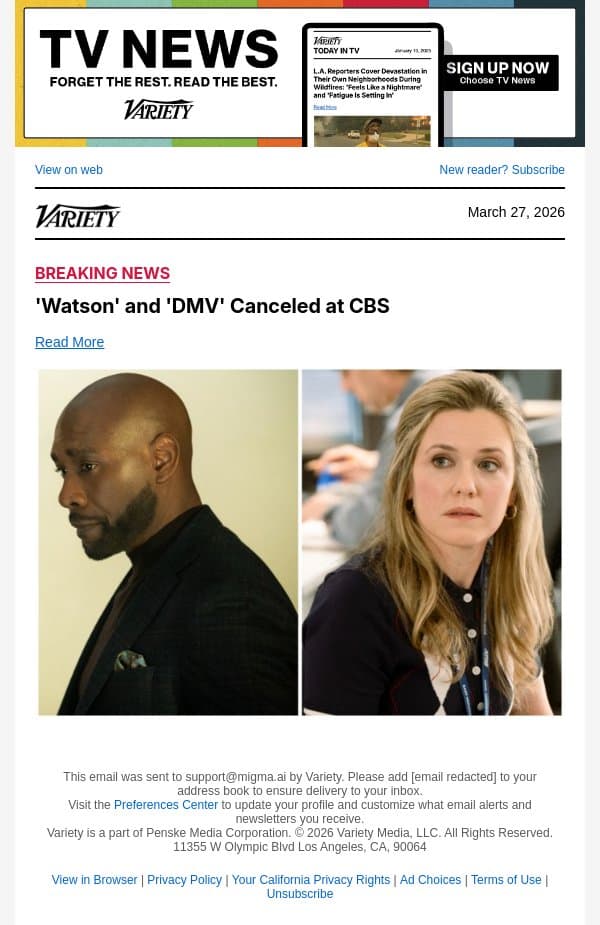 'Watson' and 'DMV' Canceled at CBS email from Variety screenshot