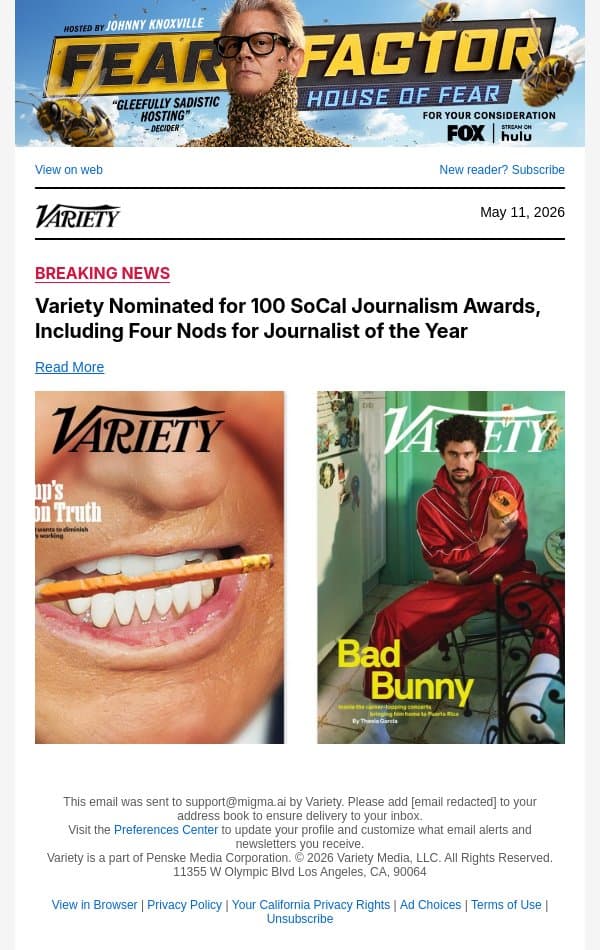 Variety Nominated for 100 SoCal Journalism Awards, Including Four Nods for Journalist of the Year email from Variety screenshot