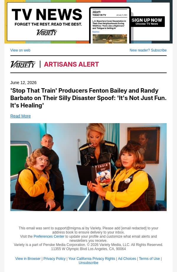 'Stop That Train' Producers Fenton Bailey and Randy Barbato on Their Silly Disaster Spoof: 'It's Not Just Fun. It's Healing' email from Variety screenshot