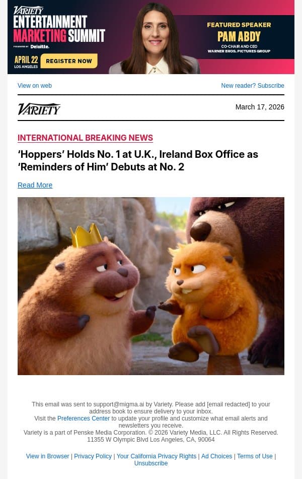 ‘Hoppers’ Holds No. 1 at U.K., Ireland Box Office as ‘Reminders of Him’ Debuts at No. 2 email from Variety screenshot