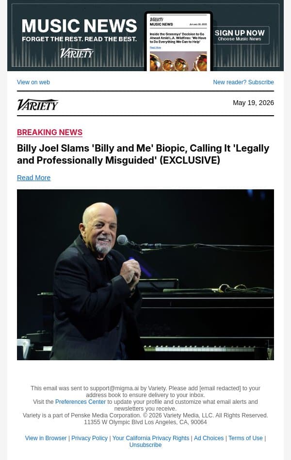 Billy Joel Slams 'Billy and Me' Biopic, Calling It 'Legally and Professionally Misguided' (EXCLUSIVE) email from Variety screenshot