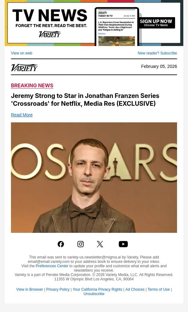 Jeremy Strong to Star in Jonathan Franzen Series 'Crossroads' for Netflix, Media Res (EXCLUSIVE) email from Variety screenshot