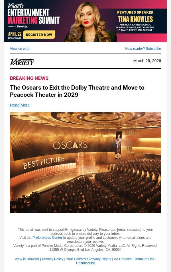 The Oscars to Exit the Dolby Theatre and Move to Peacock Theater in 2029 email from Variety screenshot