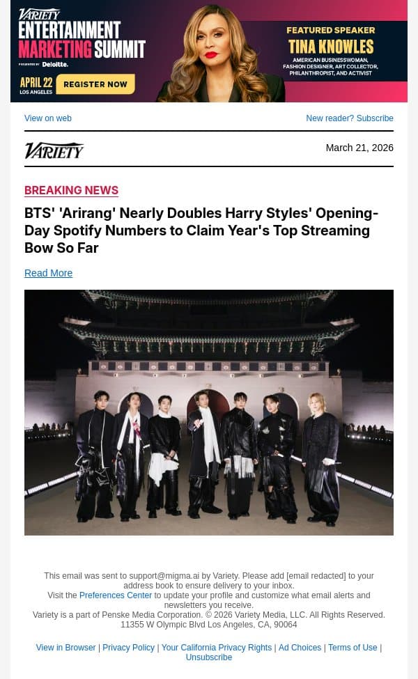 BTS' 'Arirang' Nearly Doubles Harry Styles' Opening-Day Spotify Numbers to Claim Year's Top Streaming Bow So Far email from Variety screenshot