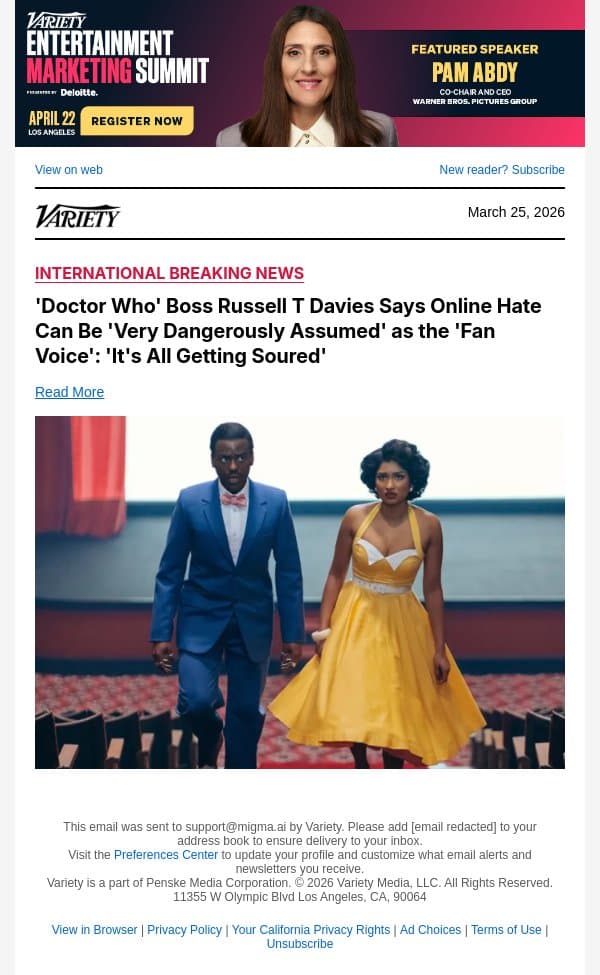 'Doctor Who' Boss Russell T Davies Says Online Hate Can Be 'Very Dangerously Assumed' as the 'Fan Voice': 'It's All Getting Soured' email from Variety screenshot